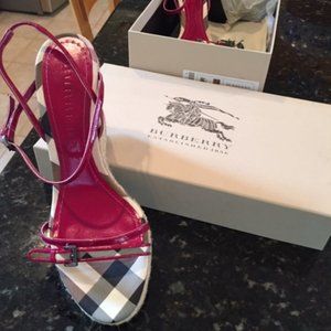 Berry pink leather and nova check Burberry wedges